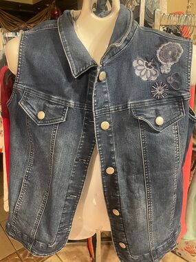 Allison Daley Dark Blue Denim Vest with Embroidered Flowers